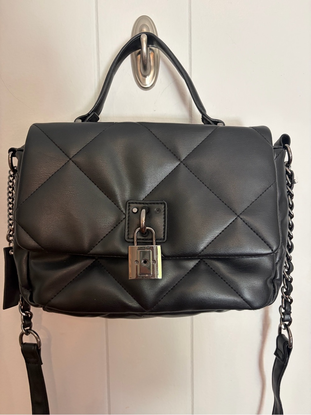 Steve Madden Black Quilted Top-Handle Crossbody Bag with Chain Strap